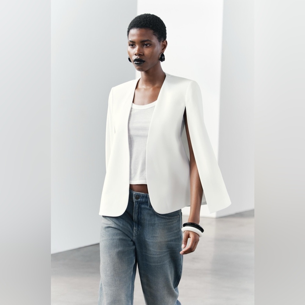Zara ZW Collection White Cape Blazer Sleeveless Vest Bridal Minimalist - Picture 13 of 15